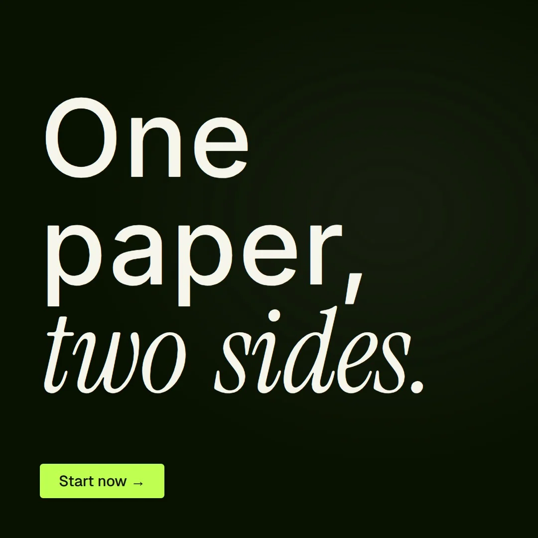 Video for contracts.io: "One paper, two sides.". Doc motion loop, 6.0 s, dark palette.