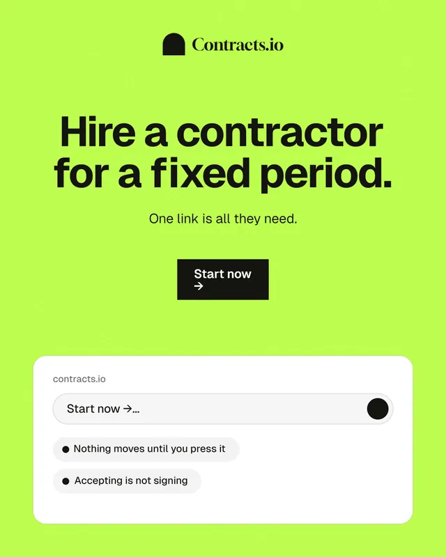 Instagram portrait post for contracts.io: "Hire a contractor for a fixed period." Swiss style, centred layout, light palette in green, white.