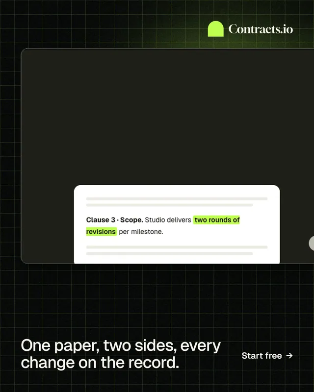 Instagram portrait post for contracts.io: "One paper, two sides, every change on the record." Phosphor atlas style, image led layout, dark palette in black, grey.