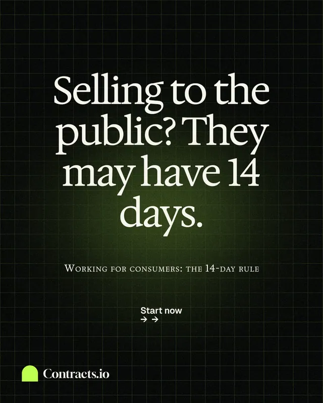 Instagram portrait post for contracts.io: "Selling to the public? They may have 14 days." Phosphor atlas style, smallcaps layout, dark palette in black, grey.