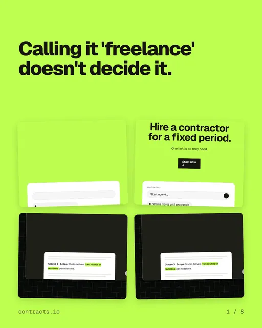 Carousel for contracts.io: "Calling it 'freelance' doesn't decide it.". Collection carousel, 8 slides, light palette.