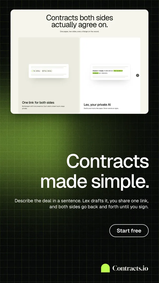 Instagram story for contracts.io: "Contracts made simple." Phosphor atlas style, right layout, dark palette in white, black, green.