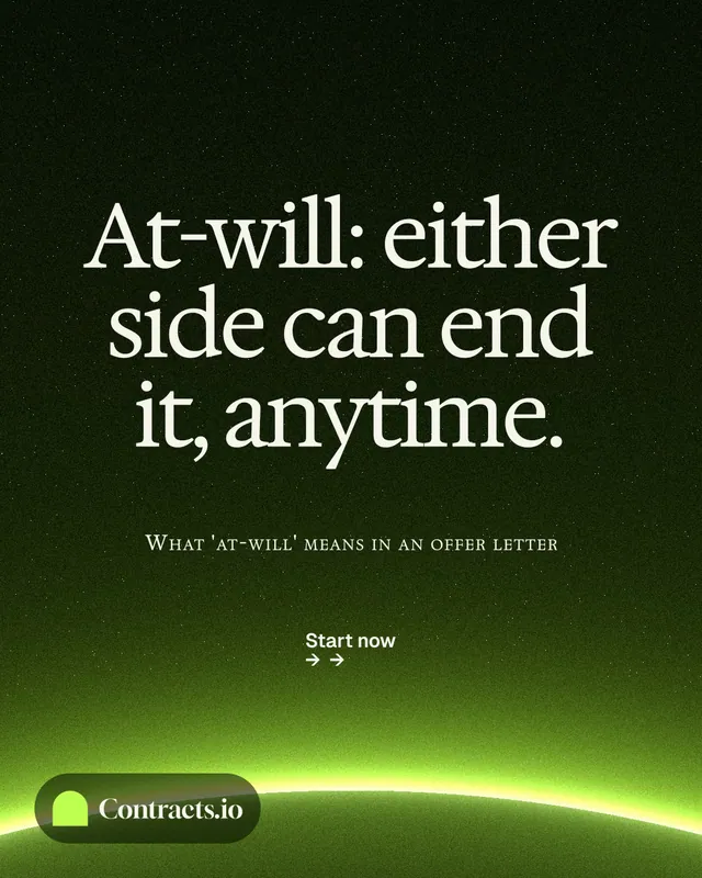 Instagram portrait post for contracts.io: "At-will: either side can end it, anytime." Swiss style, smallcaps layout, dark palette in green, black.