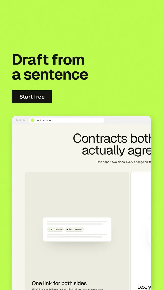 Instagram story for contracts.io: "Draft from a sentence". Swiss style, browser layout, light palette in white, green.