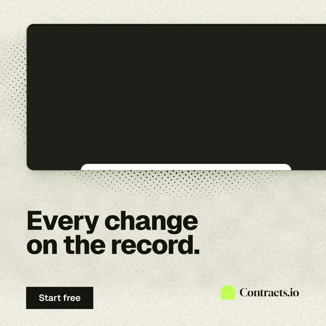 Instagram post for contracts.io: "Every change on the record." Ink sticker style, bottom layout, light palette in black, yellow, grey.