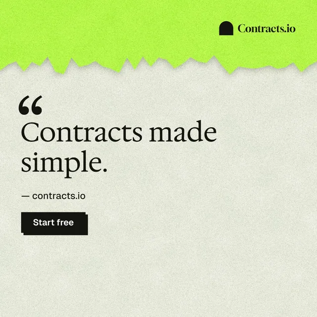 Instagram post for contracts.io: "Contracts made simple." Paper trio style, quote layout, light palette in green, grey.