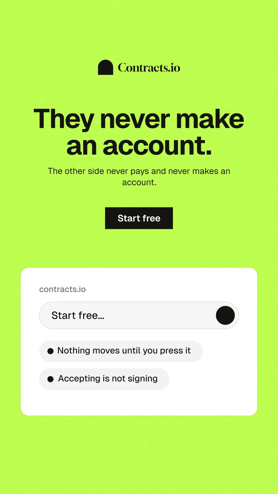 Instagram story for contracts.io: "They never make an account." Swiss style, centred layout, light palette in green, white.