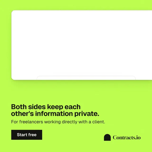 Instagram post for contracts.io: "Both sides keep each other's information private." Swiss style, bottom layout, light palette in green, white.