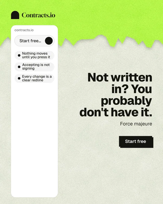 Instagram portrait post for contracts.io: "Not written in? You probably don't have it." Paper trio style, right layout, light palette in green, white, grey.