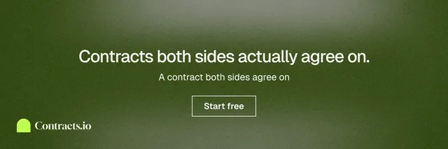 X header for contracts.io: "Contracts both sides actually agree on." Cyanotype style, centred layout, dark palette in green, grey.