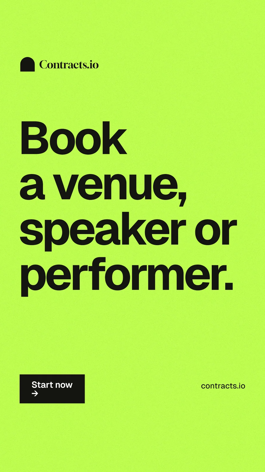 Instagram story for contracts.io: "Book a venue, speaker or performer." Swiss style, poster layout, light palette in green.