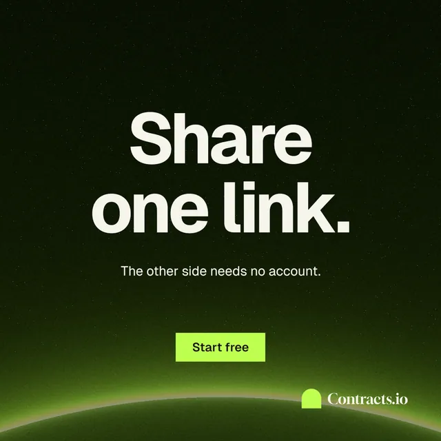 Instagram post for contracts.io: "Share one link." Swiss style, centred layout, dark palette in black, green.