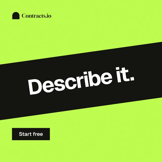 Instagram post for contracts.io: "Describe it." Swiss style, diagonal layout, light palette in green.