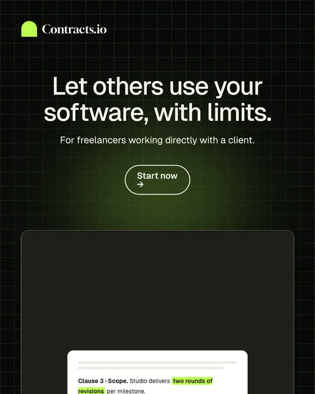Instagram portrait post for contracts.io: "Let others use your software, with limits." Phosphor atlas style, centred layout, dark palette in black, green, grey.