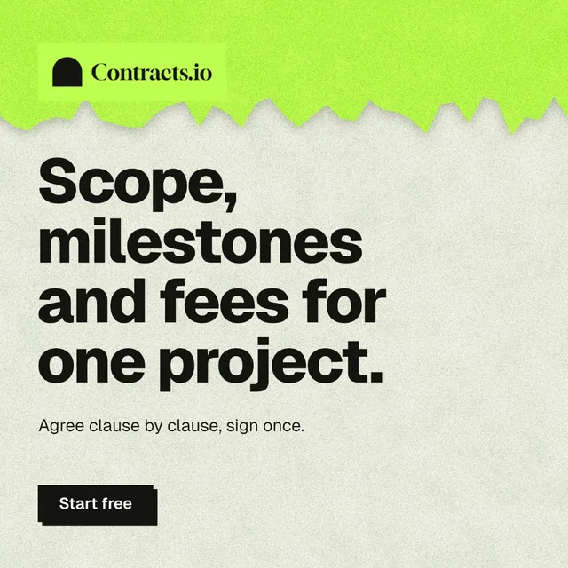 Instagram post for contracts.io: "Scope, milestones and fees for one project." Paper trio style, announce layout, light palette in green, grey.
