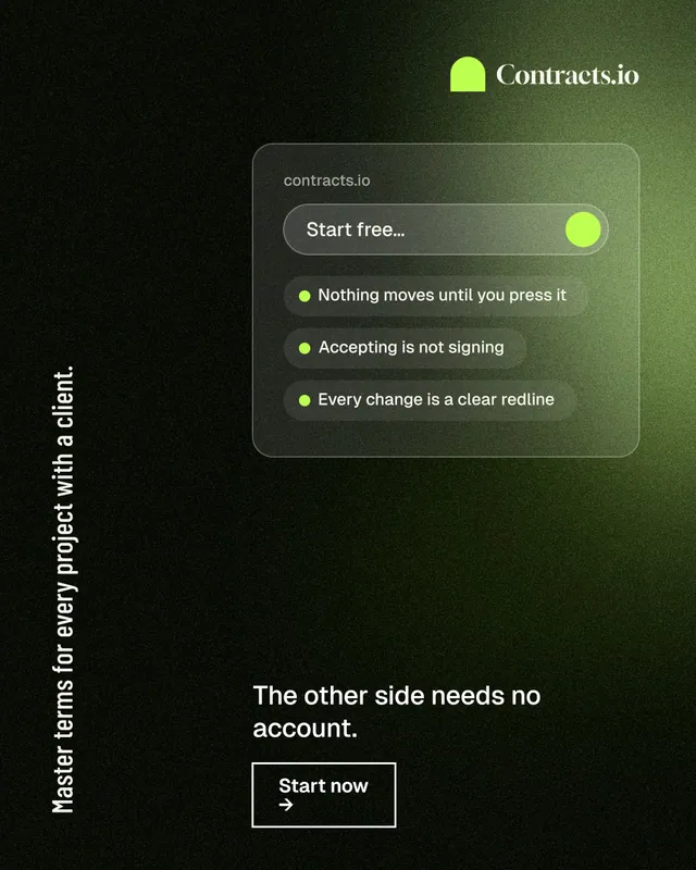 Instagram portrait post for contracts.io: "Master terms for every project with a client." Dark deco style, vertical layout, dark palette in black, green.