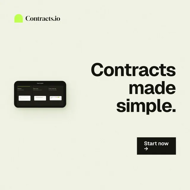 Instagram post for contracts.io: "Contracts made simple." Swiss style, right layout, light palette in white, yellow, grey.
