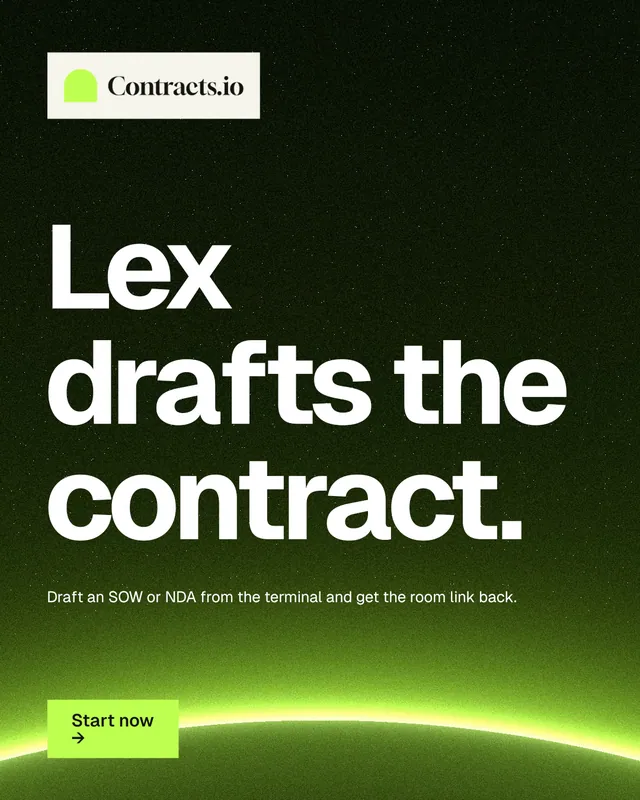 Instagram portrait post for contracts.io: "Lex drafts the contract." Swiss style, announce layout, dark palette in green, black.