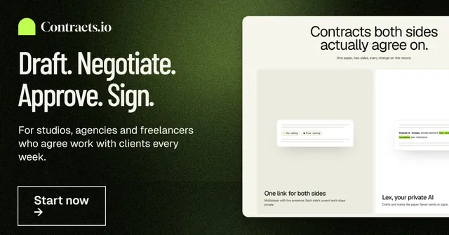 Social ad for contracts.io: "Draft. Negotiate. Approve. Sign." Dark deco style, bottom layout, light palette in black, green, yellow.