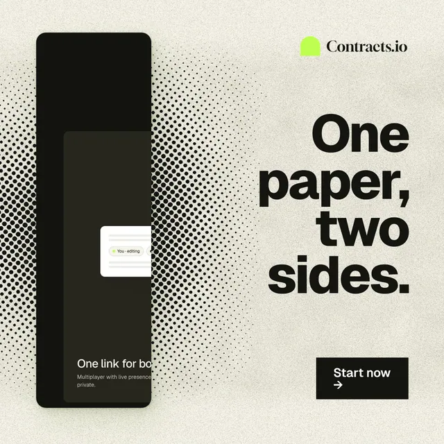 Instagram post for contracts.io: "One paper, two sides." Ink sticker style, right layout, light palette in yellow, black, grey.
