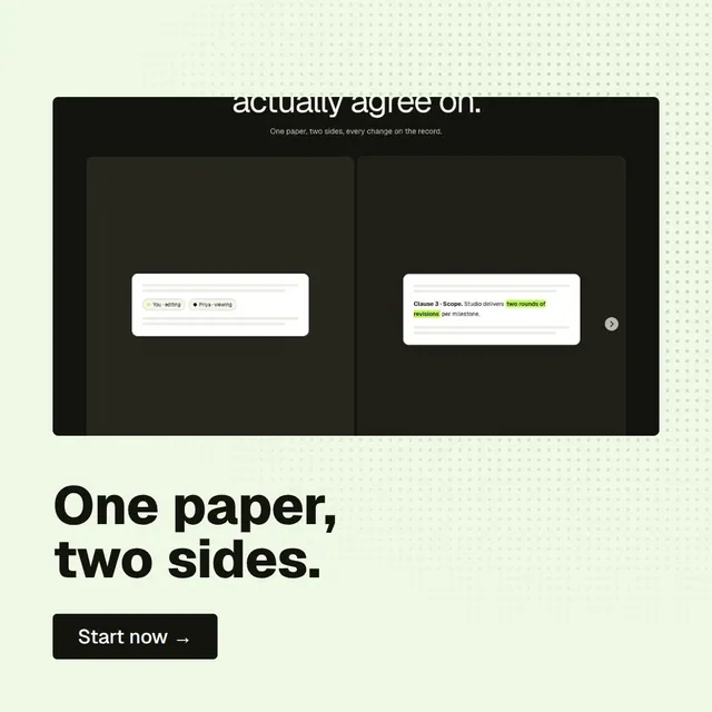 Video for contracts.io: "One paper, two sides.". Doc motion loop, 6.0 s, light palette.