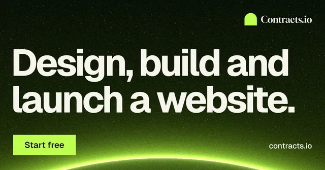 Social ad for contracts.io: "Design, build and launch a website." Swiss style, poster layout, dark palette in green, black.
