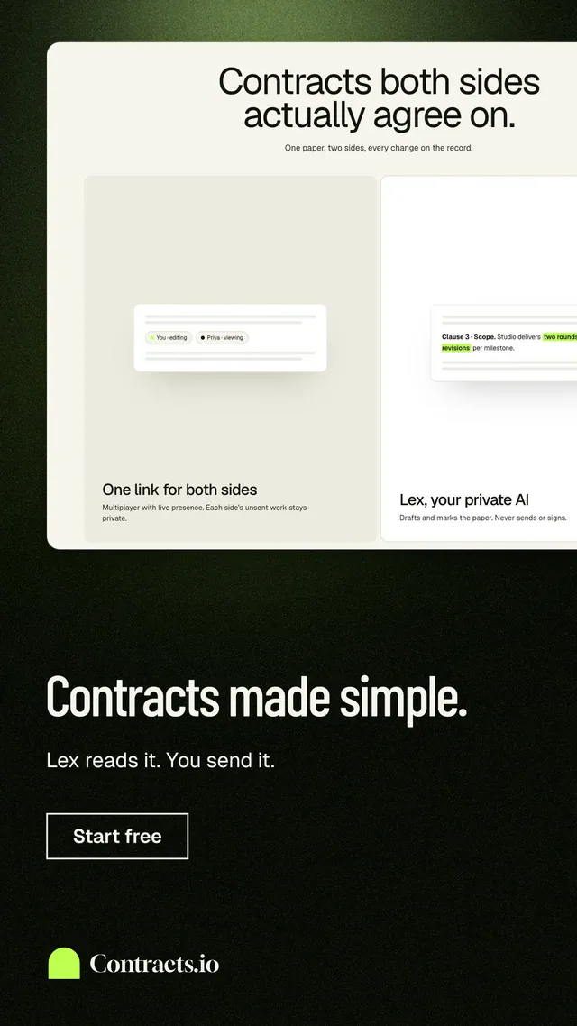 Instagram story for contracts.io: "Contracts made simple." Dark deco style, bottom layout, light palette in white, black, grey.