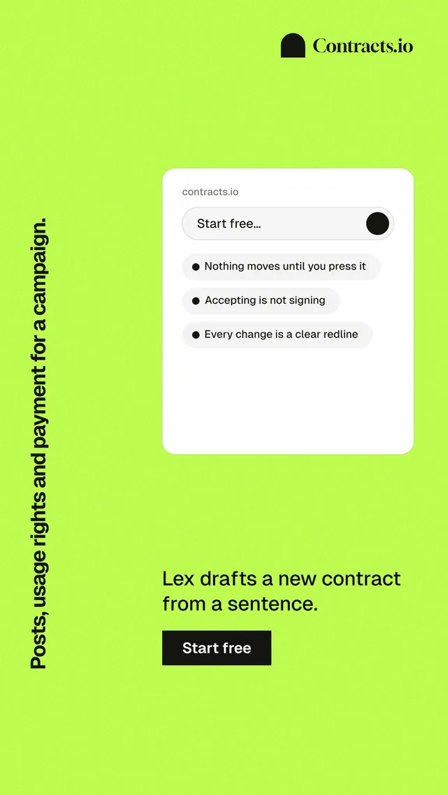 Instagram story for contracts.io: "Posts, usage rights and payment for a campaign." Swiss style, vertical layout, light palette in green.