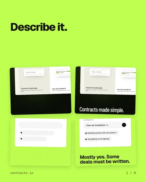 Carousel for contracts.io: "Describe it.". Collection carousel, 8 slides, light palette.