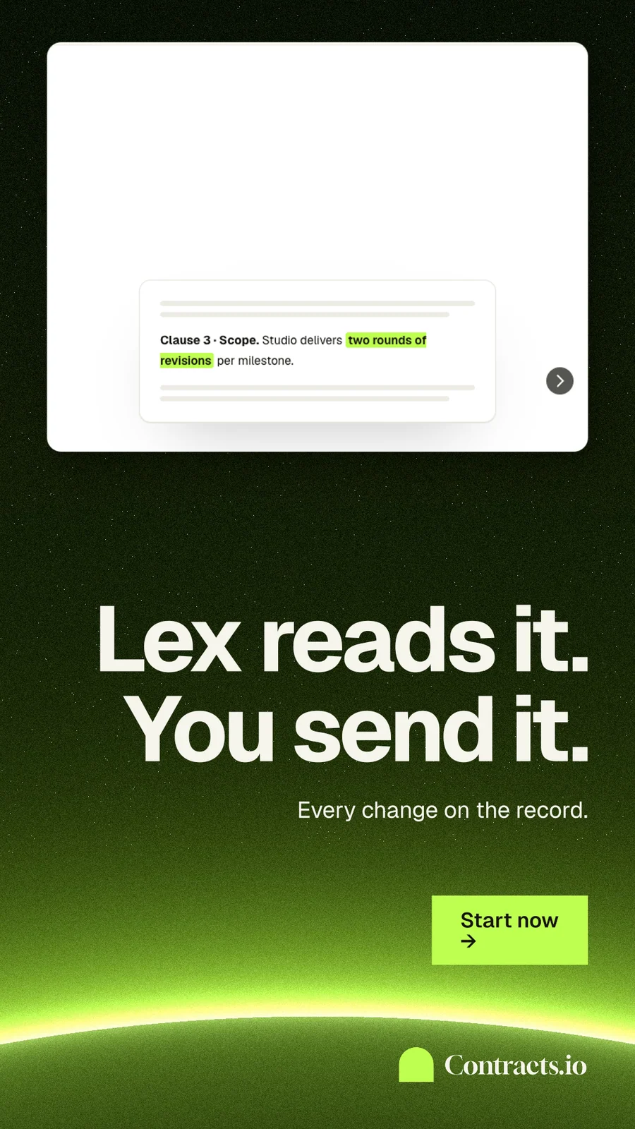 Instagram story for contracts.io: "Lex reads it. You send it." Swiss style, right layout, light palette in black, white, green.