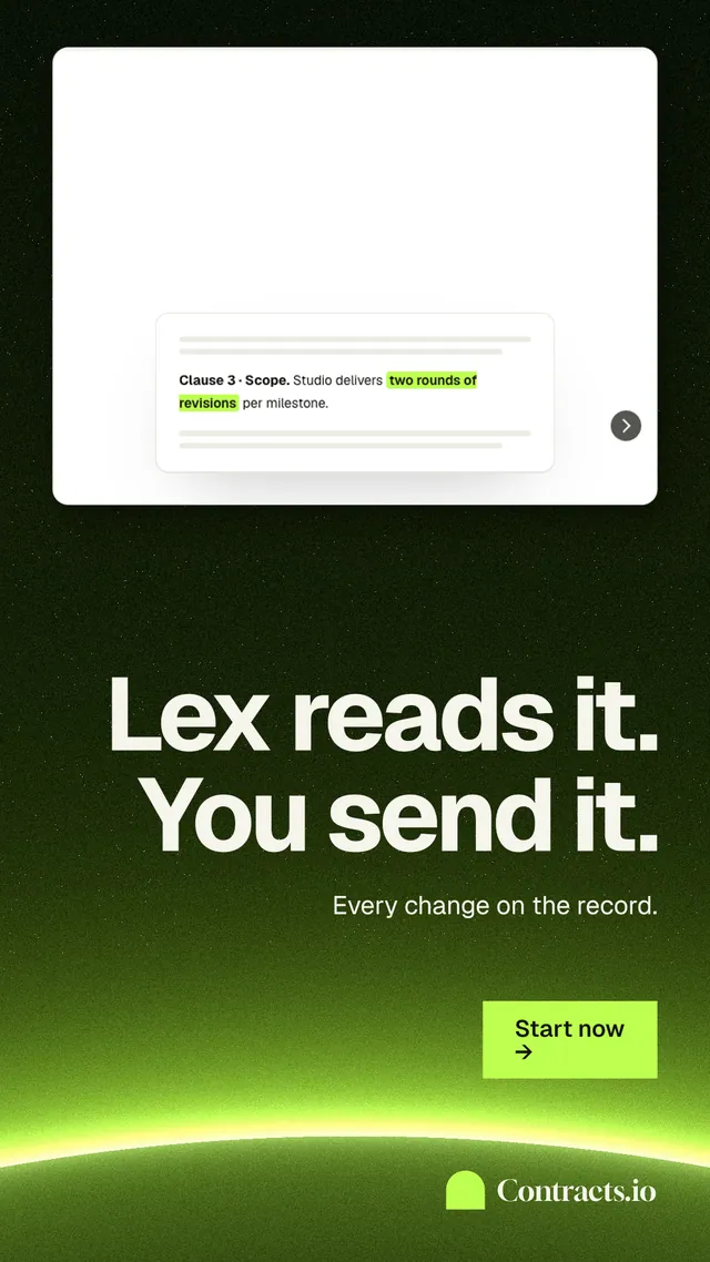 Instagram story for contracts.io: "Lex reads it. You send it." Swiss style, right layout, light palette in black, white, green.