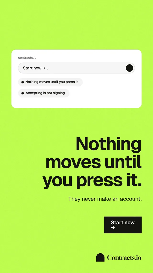 Instagram story for contracts.io: "Nothing moves until you press it." Swiss style, right layout, light palette in green.