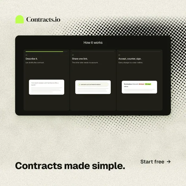 Instagram post for contracts.io: "Contracts made simple." Ink sticker style, image led layout, light palette in yellow, black, grey.