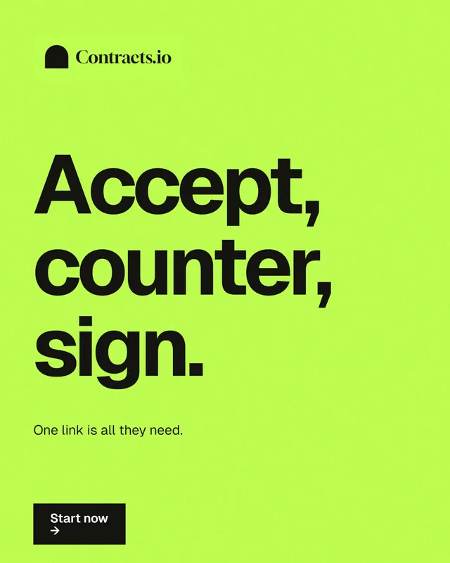 Instagram portrait post for contracts.io: "Accept, counter, sign." Swiss style, announce layout, light palette in green.