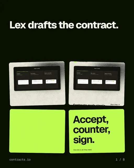 Carousel for contracts.io: "Lex drafts the contract.". Collection carousel, 8 slides, dark palette.