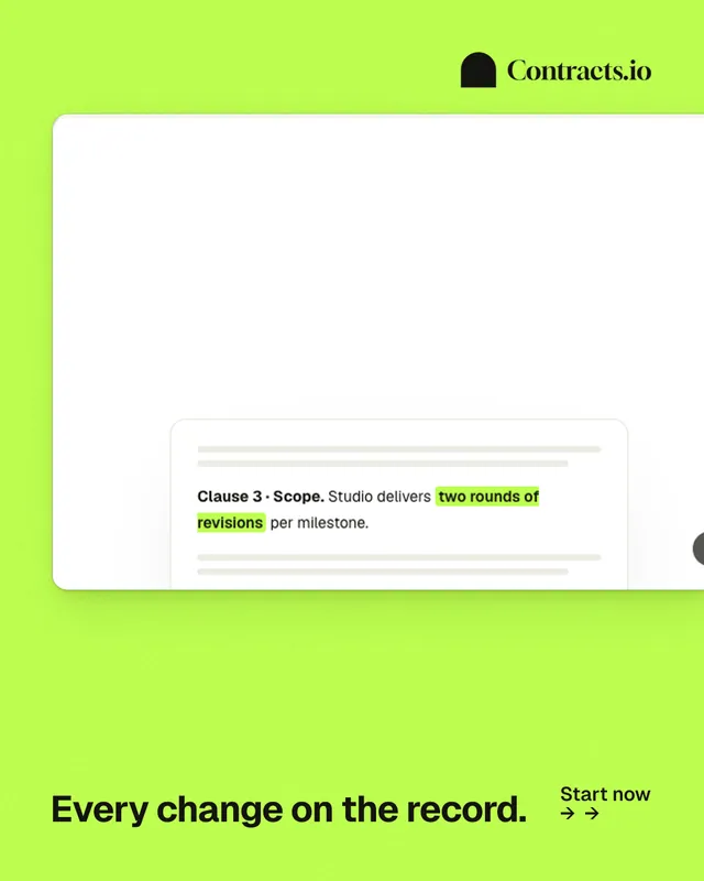 Instagram portrait post for contracts.io: "Every change on the record." Swiss style, image led layout, light palette in green, white.