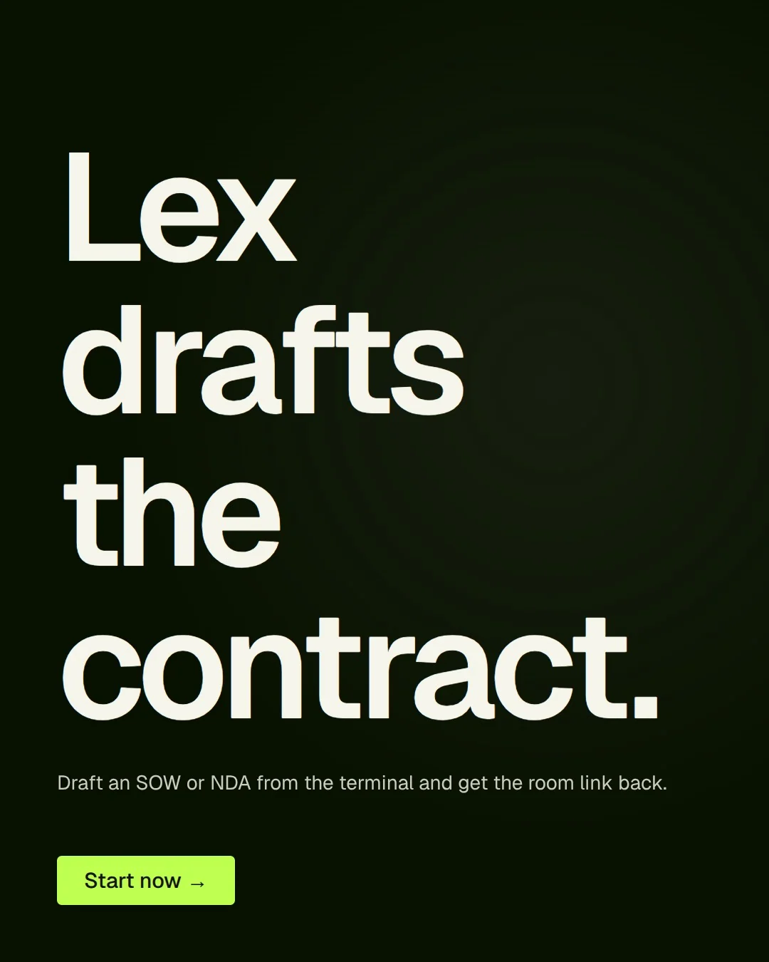Video for contracts.io: "Lex drafts the contract.". Doc motion loop, 8.0 s, dark palette.