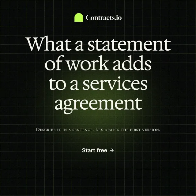 Instagram post for contracts.io: "What a statement of work adds to a services agreement". Phosphor atlas style, smallcaps layout, dark palette in black, grey.