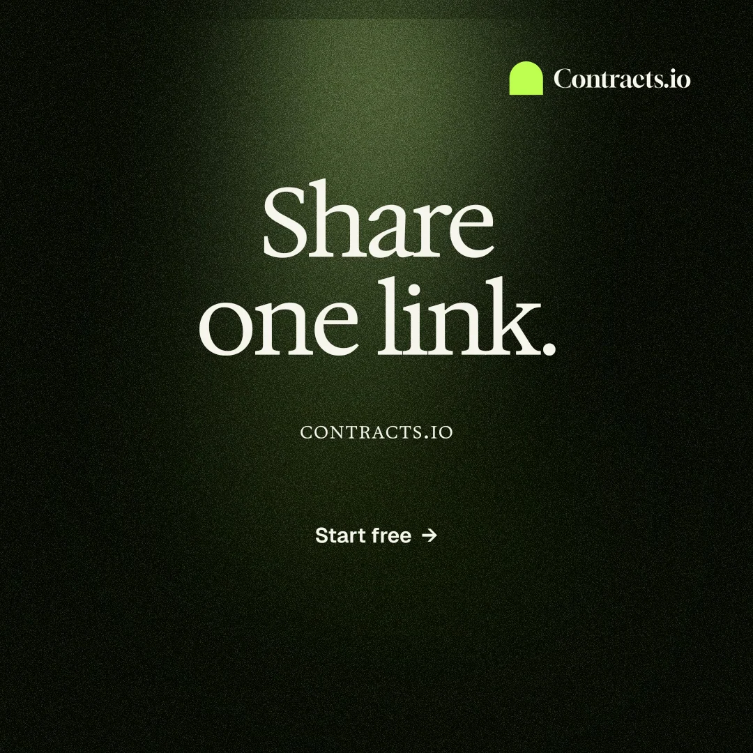 Instagram post for contracts.io: "Share one link." Dark deco style, smallcaps layout, dark palette in black, green.