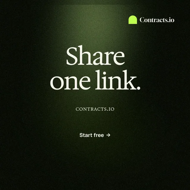 Instagram post for contracts.io: "Share one link." Dark deco style, smallcaps layout, dark palette in black, green.