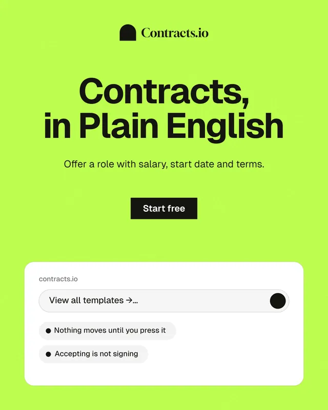 Instagram portrait post for contracts.io: "Contracts, in Plain English". Swiss style, centred layout, light palette in green, white.