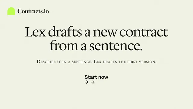 Landscape graphic for contracts.io: "Lex drafts a new contract from a sentence." Data card style, smallcaps layout, light palette in white.