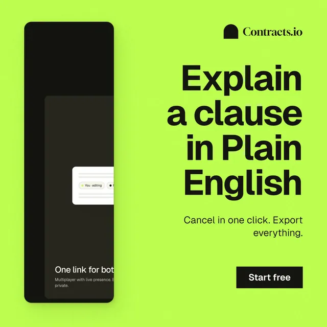 Instagram post for contracts.io: "Explain a clause in Plain English". Swiss style, right layout, light palette in green, black.