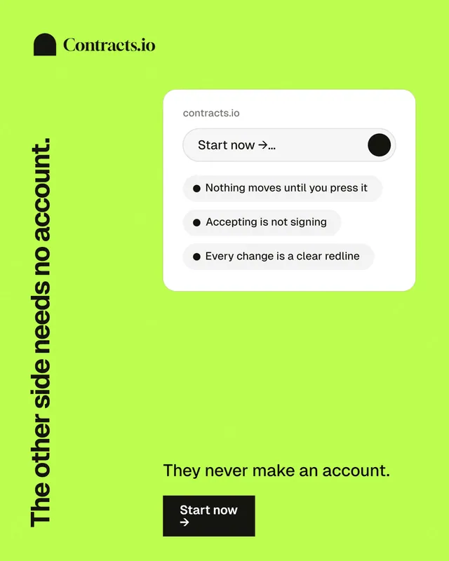 Instagram portrait post for contracts.io: "The other side needs no account." Swiss style, vertical layout, light palette in green, white.