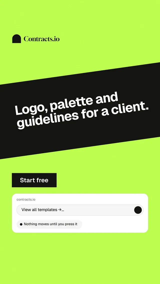 Instagram story for contracts.io: "Logo, palette and guidelines for a client." Swiss style, diagonal layout, light palette in green, black.
