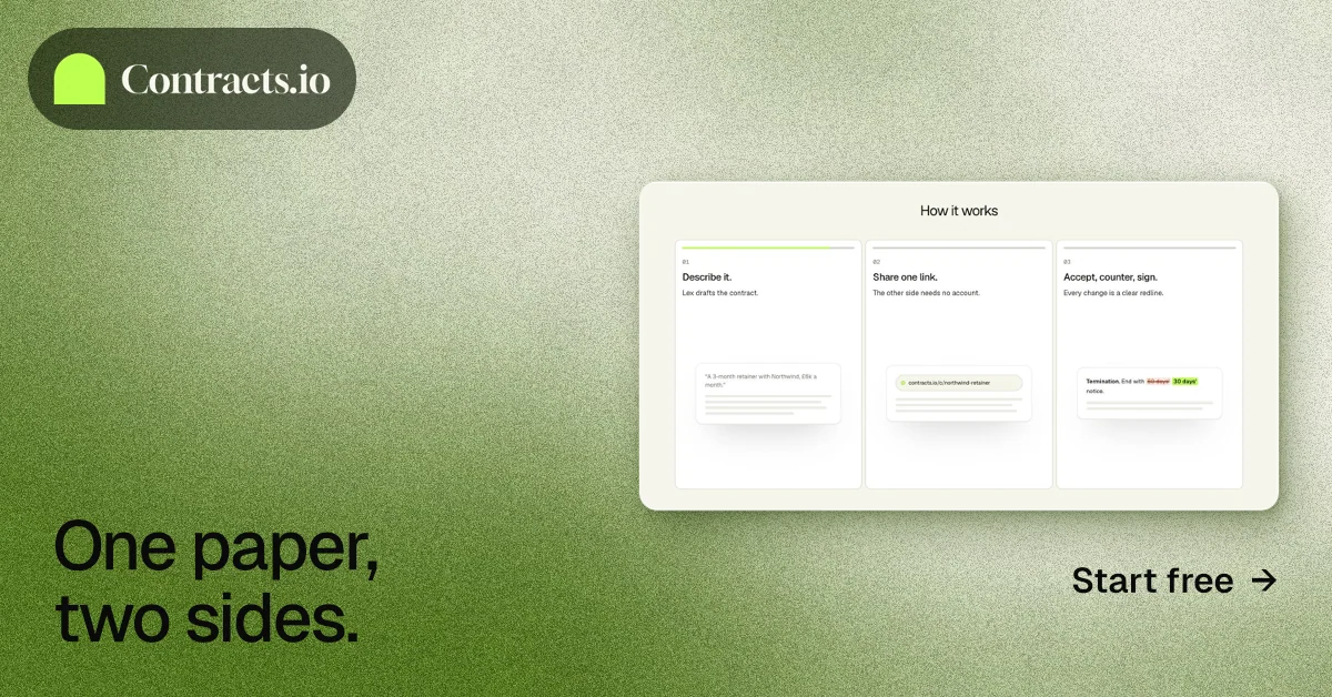 Social ad for contracts.io: "One paper, two sides." Cyanotype style, image led layout, light palette in green, white.