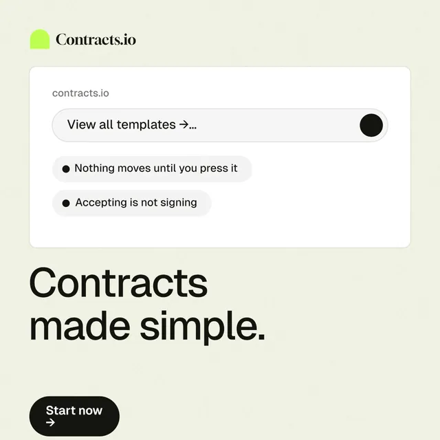 Instagram post for contracts.io: "Contracts made simple." Data card style, bottom layout, light palette in white, grey.