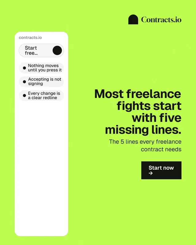 Instagram portrait post for contracts.io: "Most freelance fights start with five missing lines." Swiss style, right layout, light palette in green, white.
