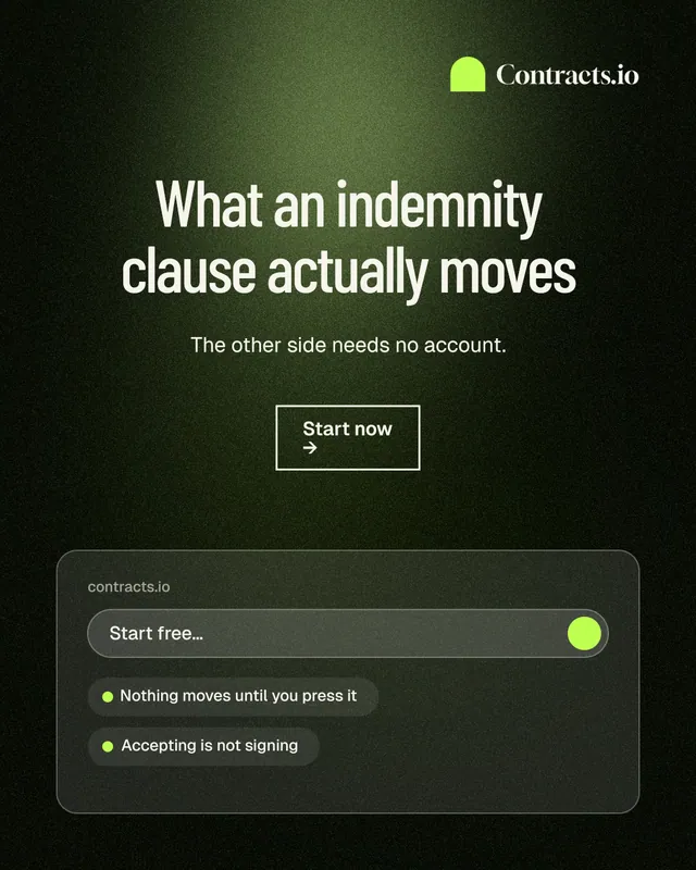 Instagram portrait post for contracts.io: "What an indemnity clause actually moves". Dark deco style, centred layout, dark palette in black, green, grey.