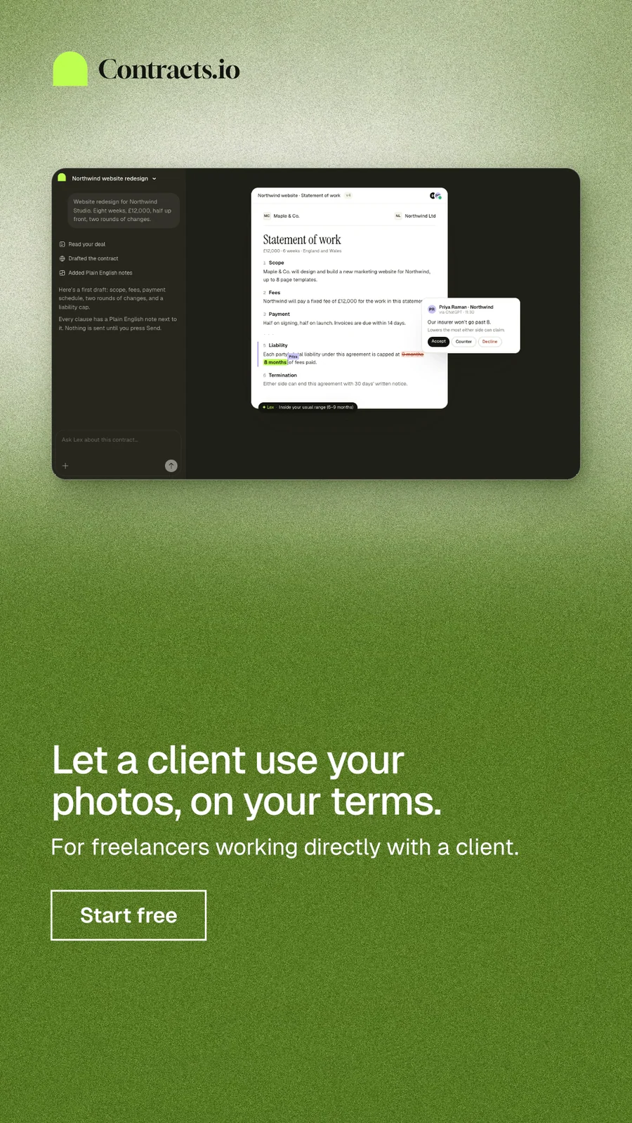 Instagram story for contracts.io: "Let a client use your photos, on your terms." Cyanotype style, bottom layout, light palette in green.